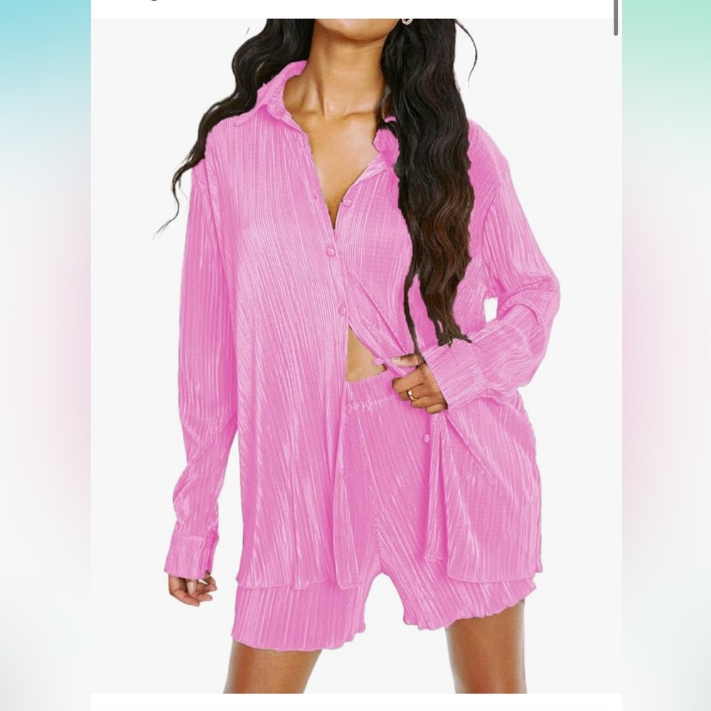 Oversized 2 Piece Outfits Pleated Long Sleeve Button Blouse Top and Shorts